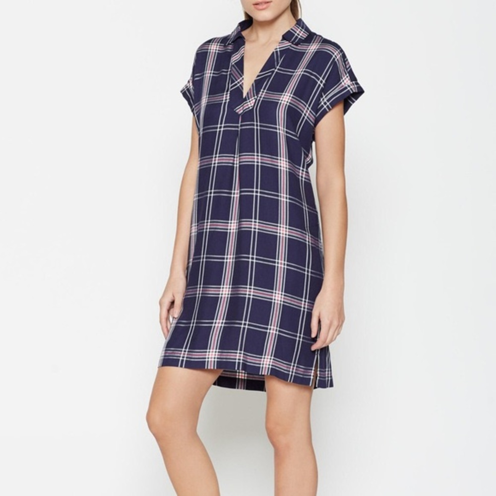 NWOT Soft Joie • Navy Plaid Collared Shirt Dress
